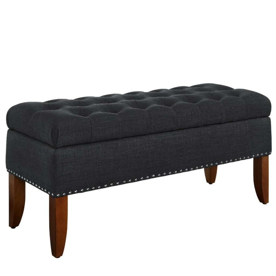 Bed * | Excellent Quality Accentrics Home Hinged Top Button Tufted Storage Bed Bench In Charcoal Black