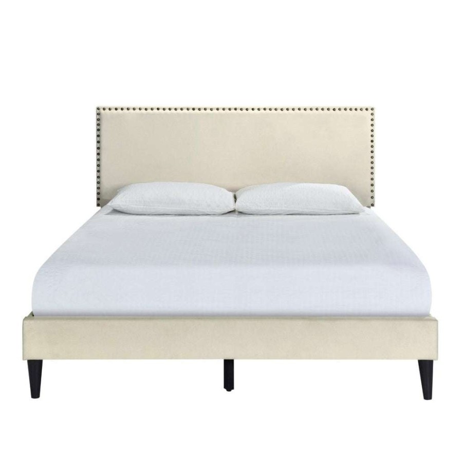 Bed * | Official Accentrics Home Nailhead Trimmed Upholstered Queen Platform Bed In Natural Beige