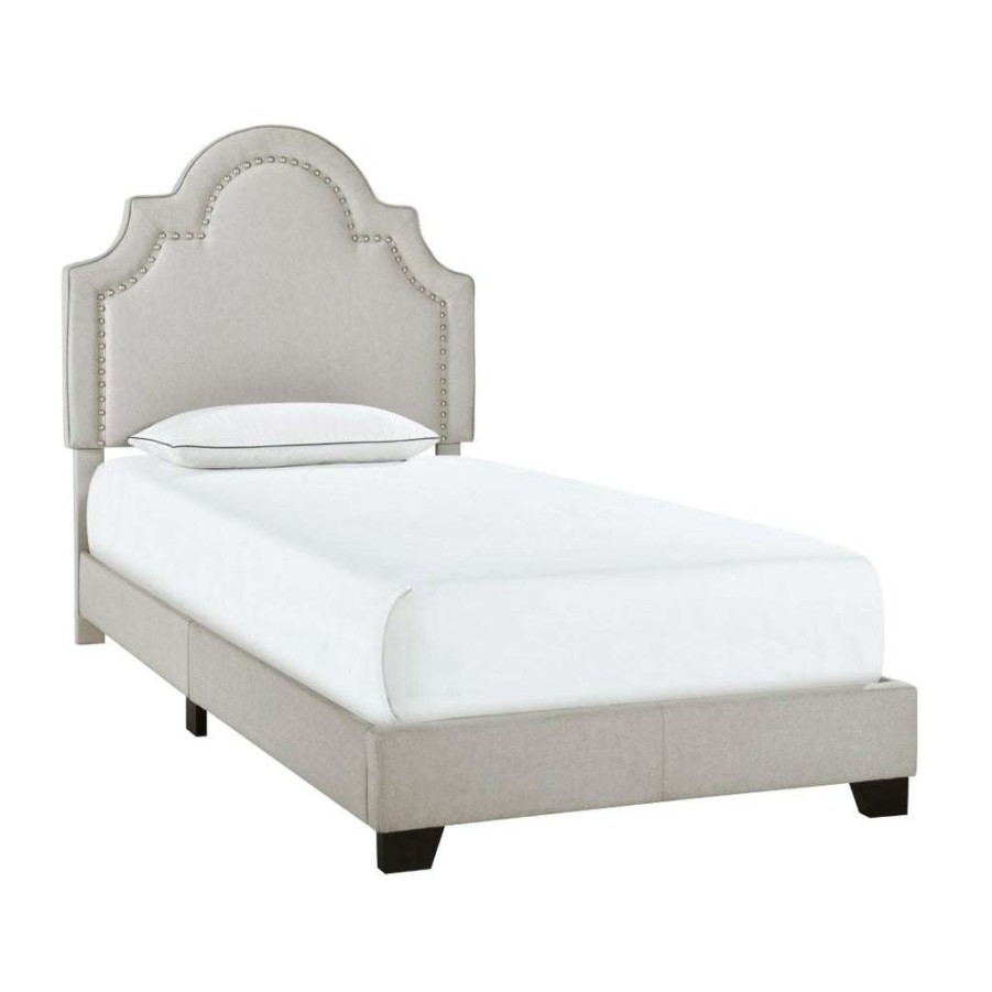 Bed * | Best Sale Accentrics Home Queen Anne Nailhead Trim Upholstered Twin Bed In Light Gray