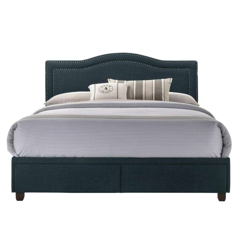 Bed * | Outlet Accentrics Home Navy Upholstered All-In-One Camel Back Queen Storage Bed With Usb