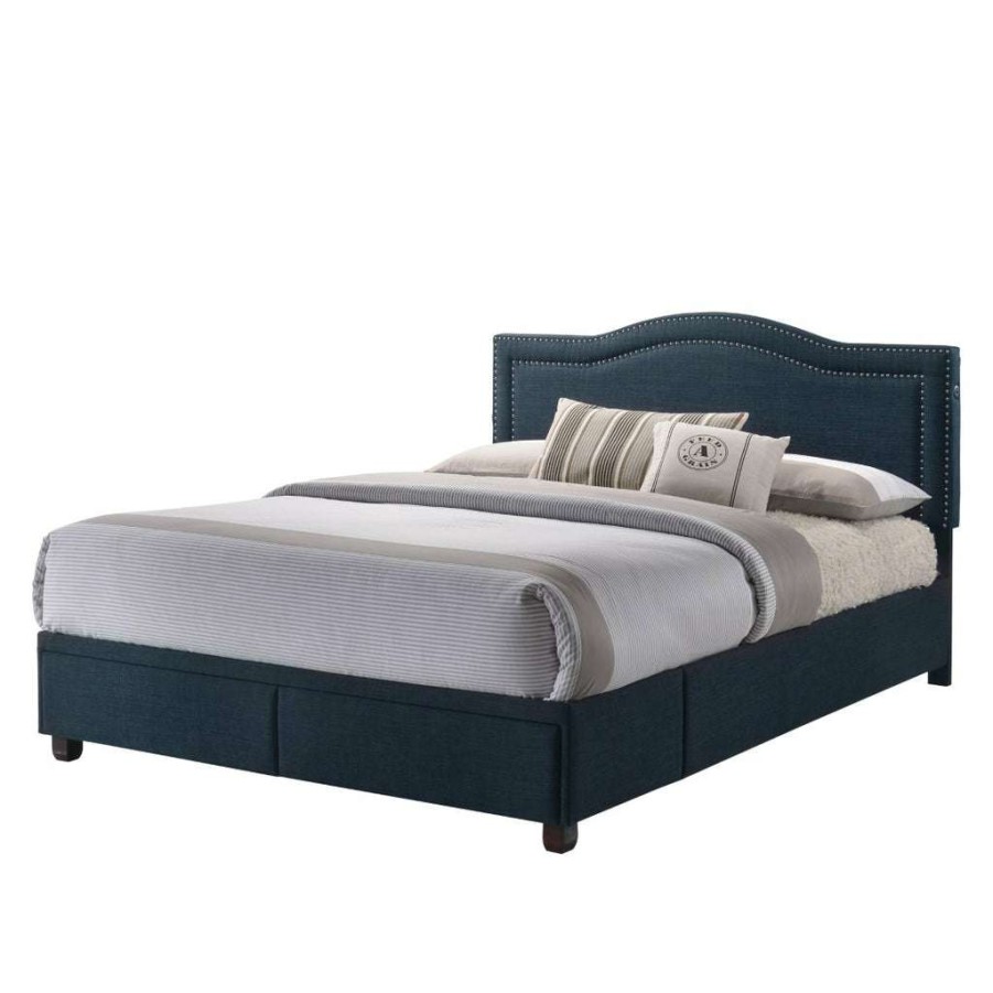 Bed * | Outlet Accentrics Home Navy Upholstered All-In-One Camel Back Queen Storage Bed With Usb