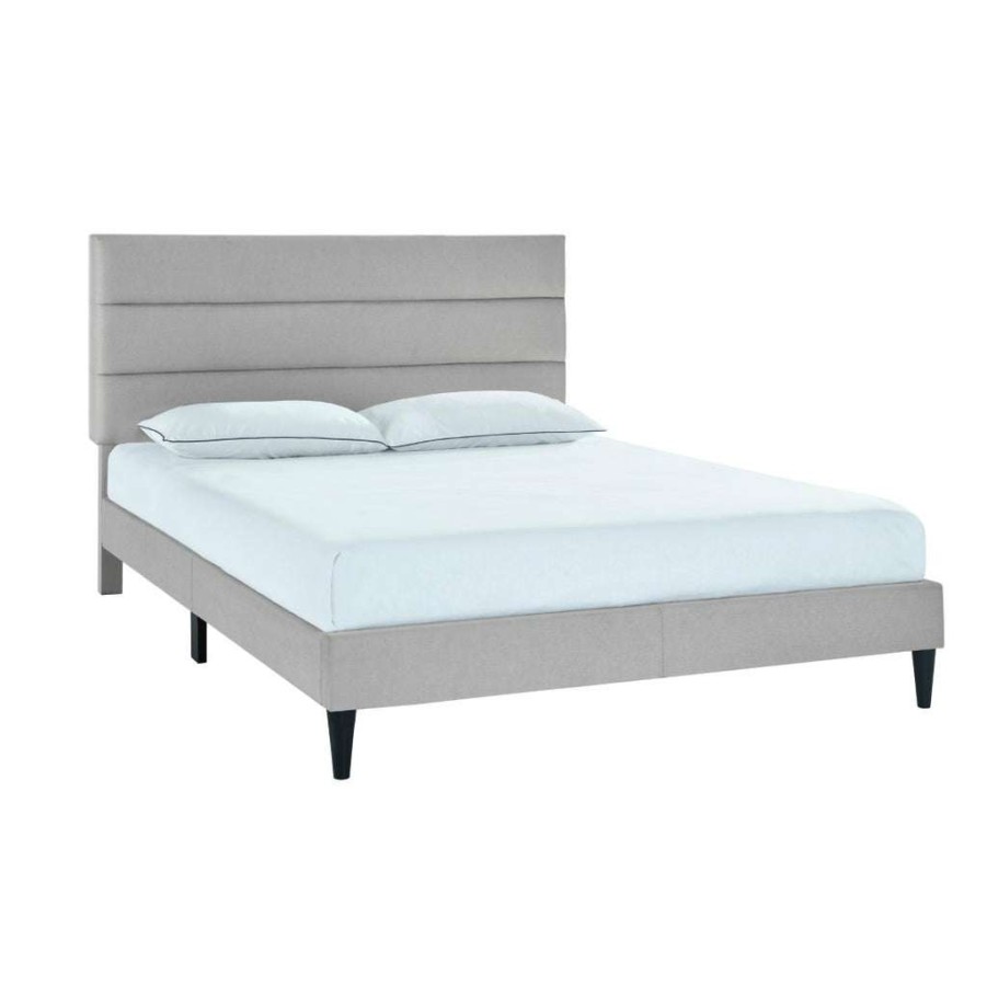 Bed * | Top Sell Accentrics Home Horizontally Channeled Queen Upholstered Platform Bed In Light Gray