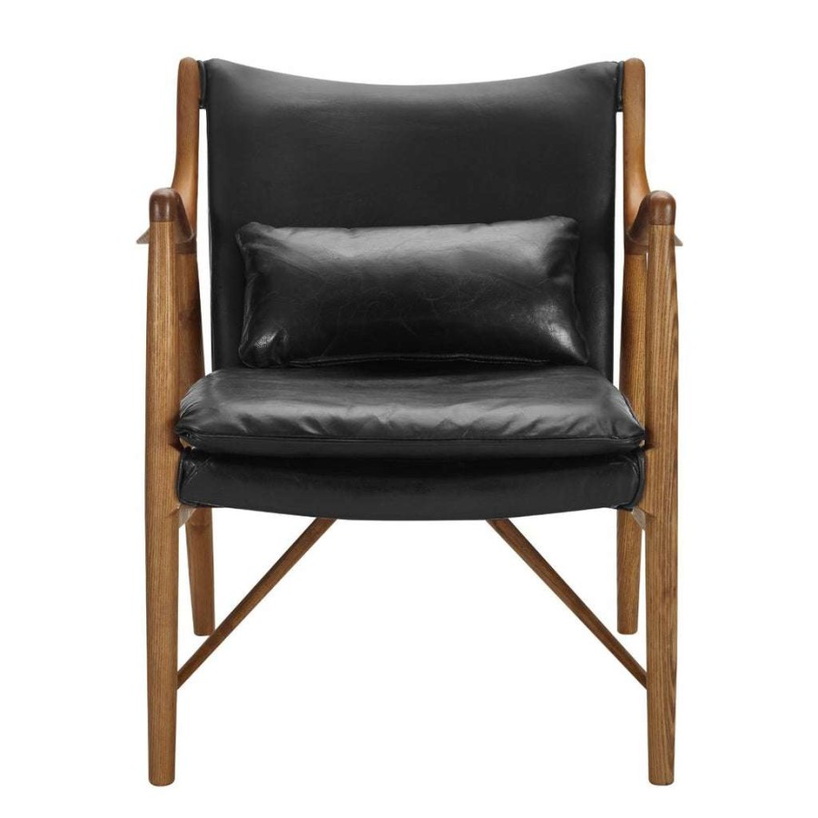 Chair * | Official Accentrics Home Mid-Century Modern Wood And Leather Accent Chair In Ebony Black