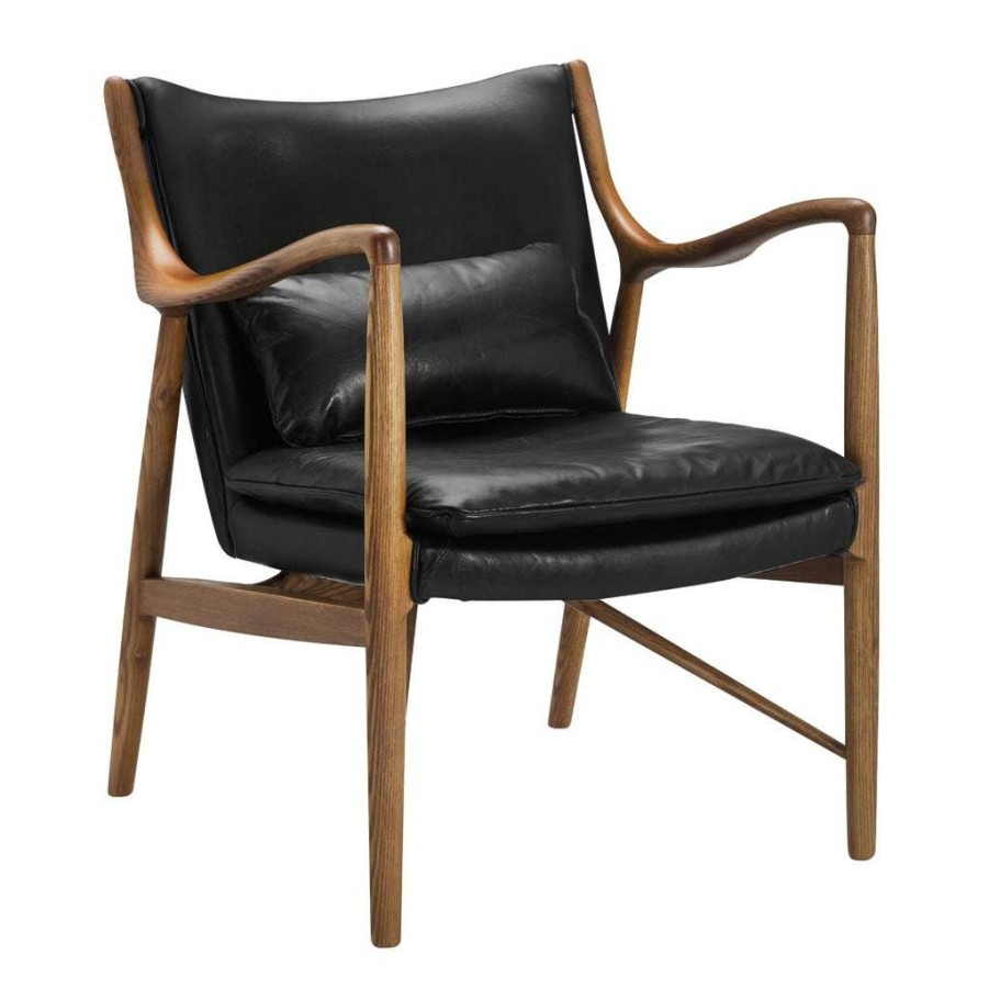 Chair * | Official Accentrics Home Mid-Century Modern Wood And Leather Accent Chair In Ebony Black