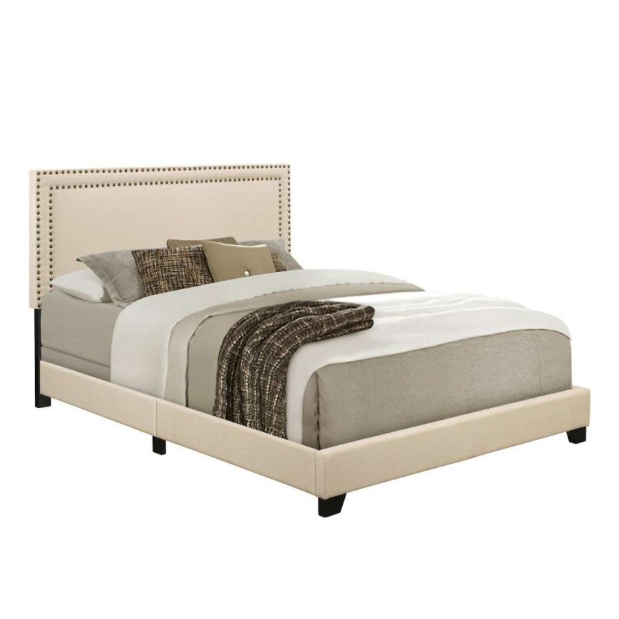 Bed * | Online Discount Accentrics Home Upholstered King Bed With Nailhead Trim In Cream