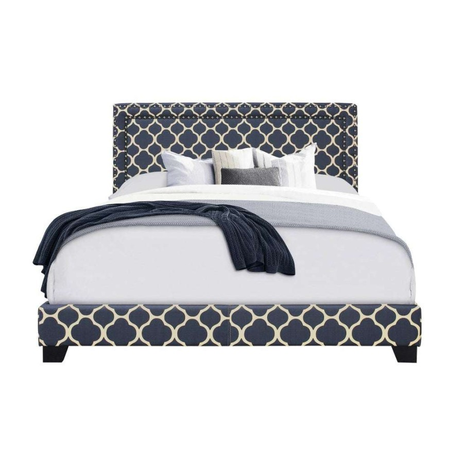 Bed * | Featured Accentrics Home Marine Quatrefoil Upholstered Queen Bed With Double Nail Head Trim