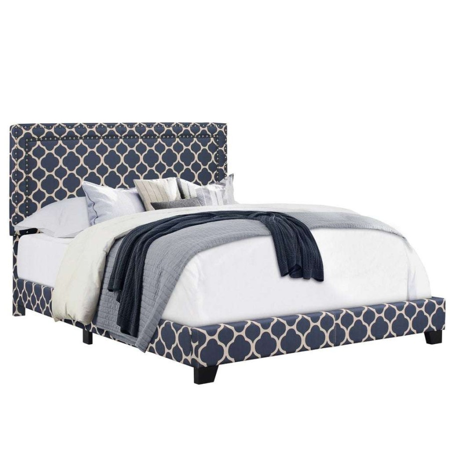 Bed * | Featured Accentrics Home Marine Quatrefoil Upholstered Queen Bed With Double Nail Head Trim