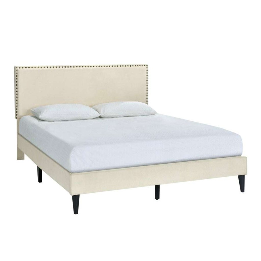 Bed * | Top Sell Accentrics Home Nailhead Trimmed Upholstered King Platform Bed In Natural Beige