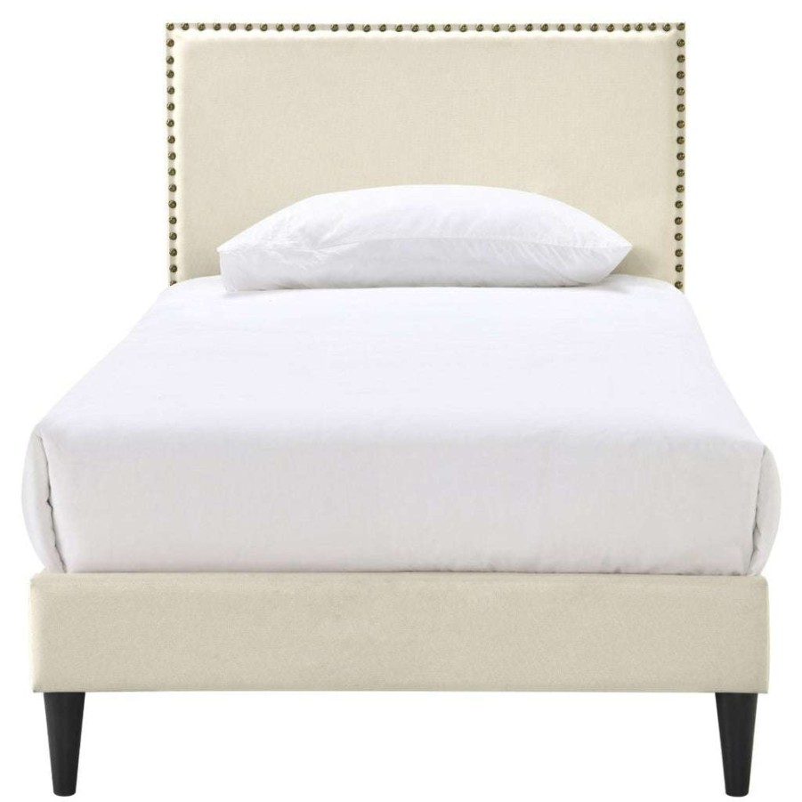 Bed * | Top Sellers Accentrics Home Nailhead Trim Upholstered Twin-Sized Platform Bed In Beige