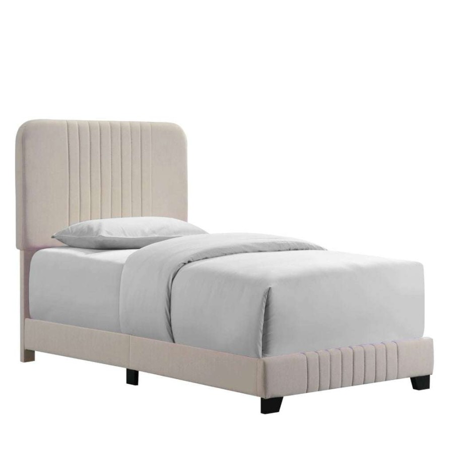 Bed * | Best Sale Accentrics Home Mid Century Channeled Twin Upholsted Bed In Creamy Beige