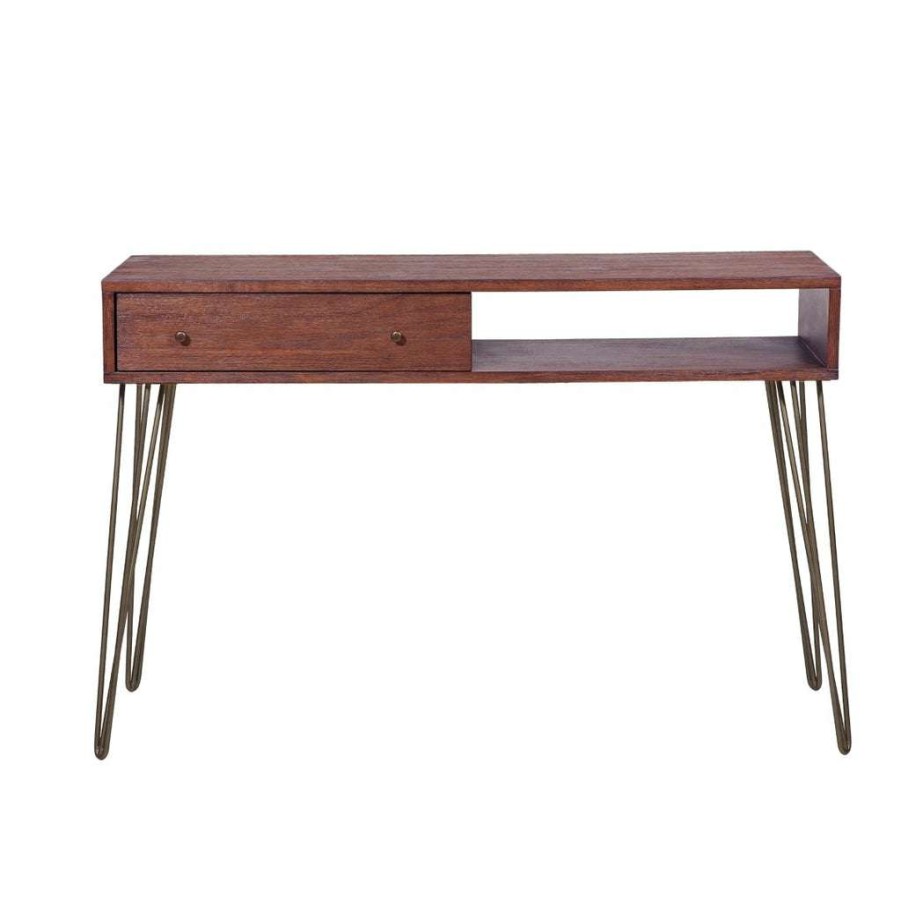 Table * | Popular Accentrics Home Mid-Century Modern Walnut Brushed Acacia One Drawer Accent Storage Console Table