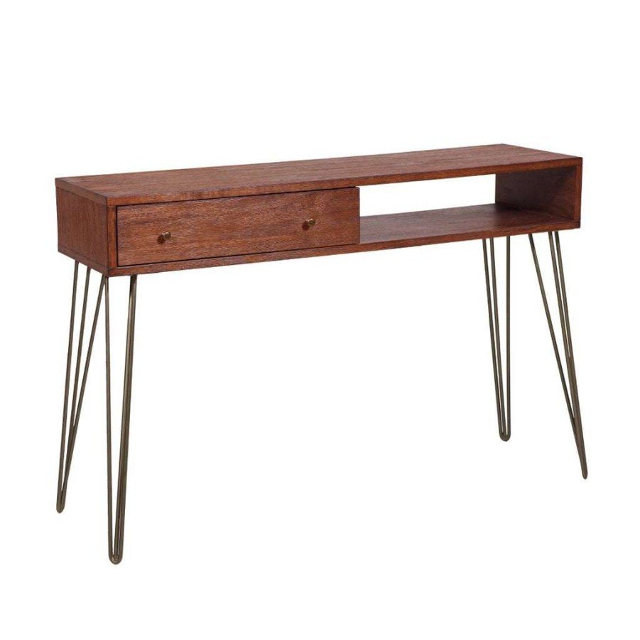 Table * | Popular Accentrics Home Mid-Century Modern Walnut Brushed Acacia One Drawer Accent Storage Console Table