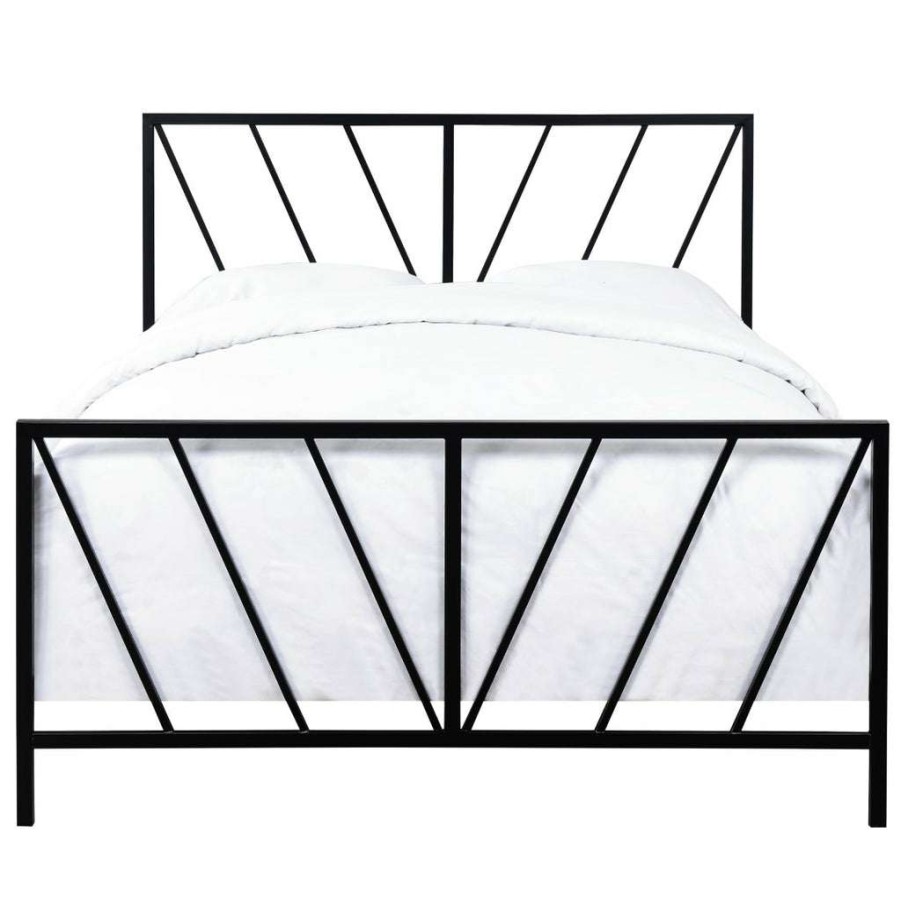 Bed * | Featured Accentrics Home High Gloss Chevron Patterned Metal Queen Bed In Black, All-In-One