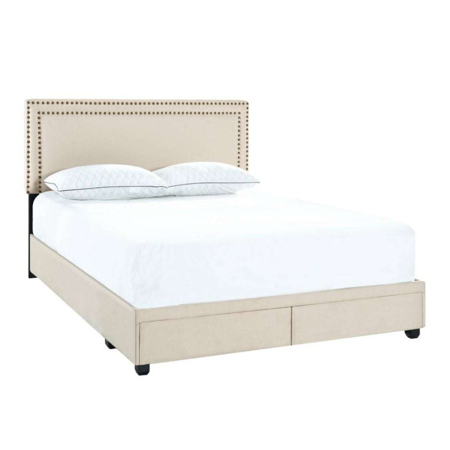 Bed * | Excellent Quality Accentrics Home Queen Nail Trim Storage Bed In Linen