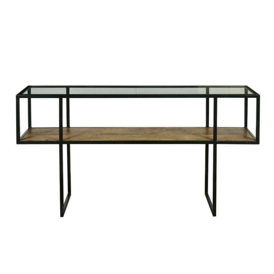 Table * | Online Discount Accentrics Home Iron Console Table With Glass Top And Wooden Shelf