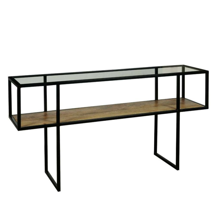 Table * | Online Discount Accentrics Home Iron Console Table With Glass Top And Wooden Shelf