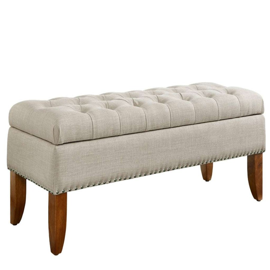 Bed * | Featured Accentrics Home Beige Hinged Top Button Tufted Storage Bed Bench