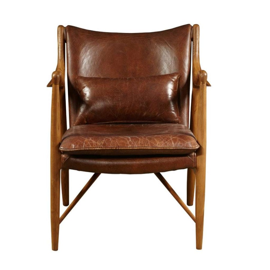 Chair * | Discounts Accentrics Home Mid-Century Modern Wood And Leather Accent Chair In Brandy Brown