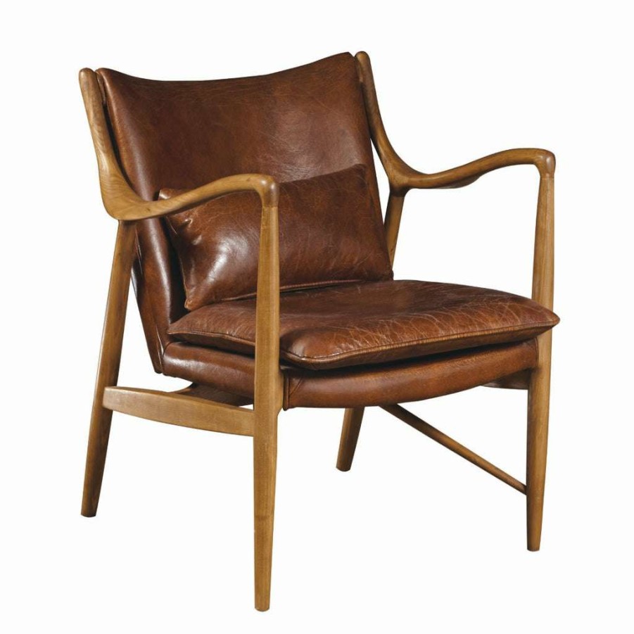 Chair * | Discounts Accentrics Home Mid-Century Modern Wood And Leather Accent Chair In Brandy Brown