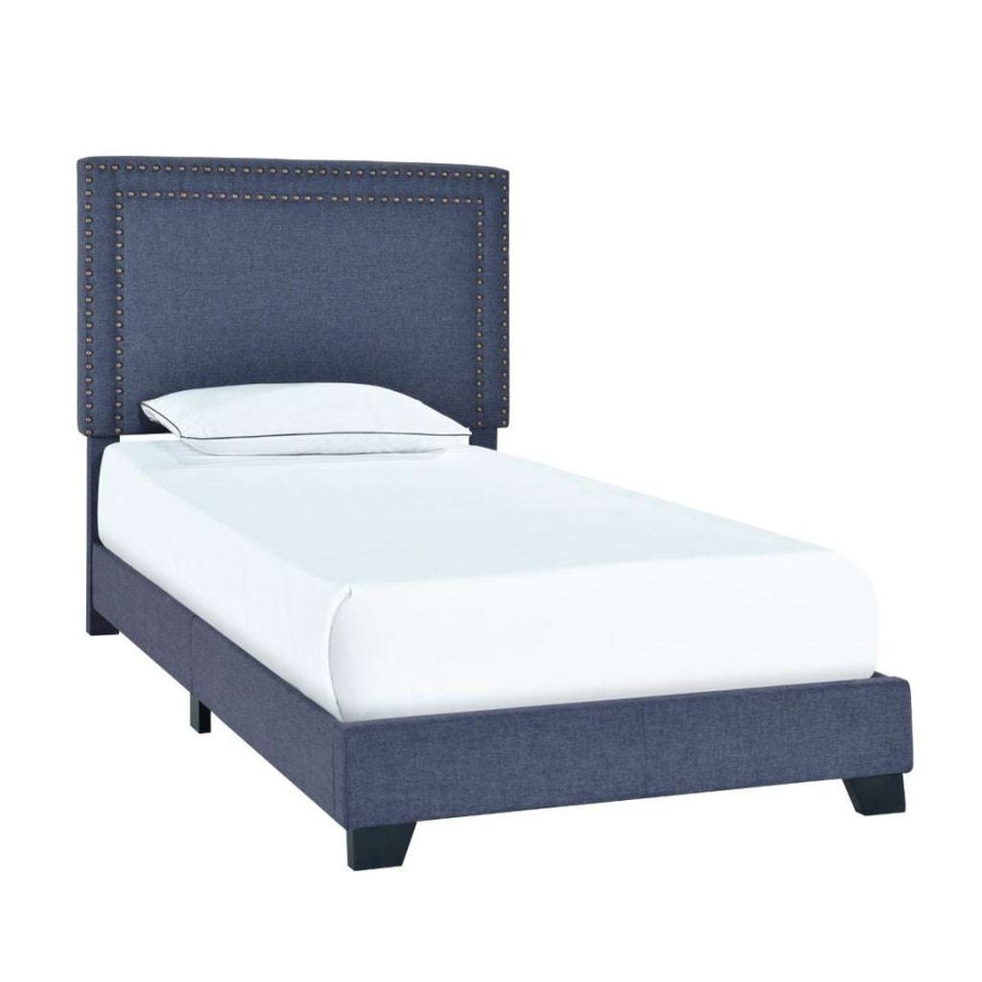 Bed * | Discount Accentrics Home Denim Blue Upholstered Twin Bed With Double Nail Head Trim