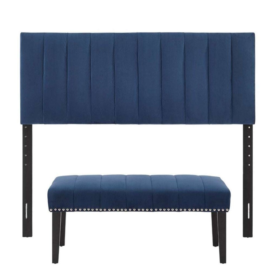 Headboard * | Hot Sale Accentrics Home Channeled Upholstered Full / Queen Headboard And Bench Set In Sapphire Blue