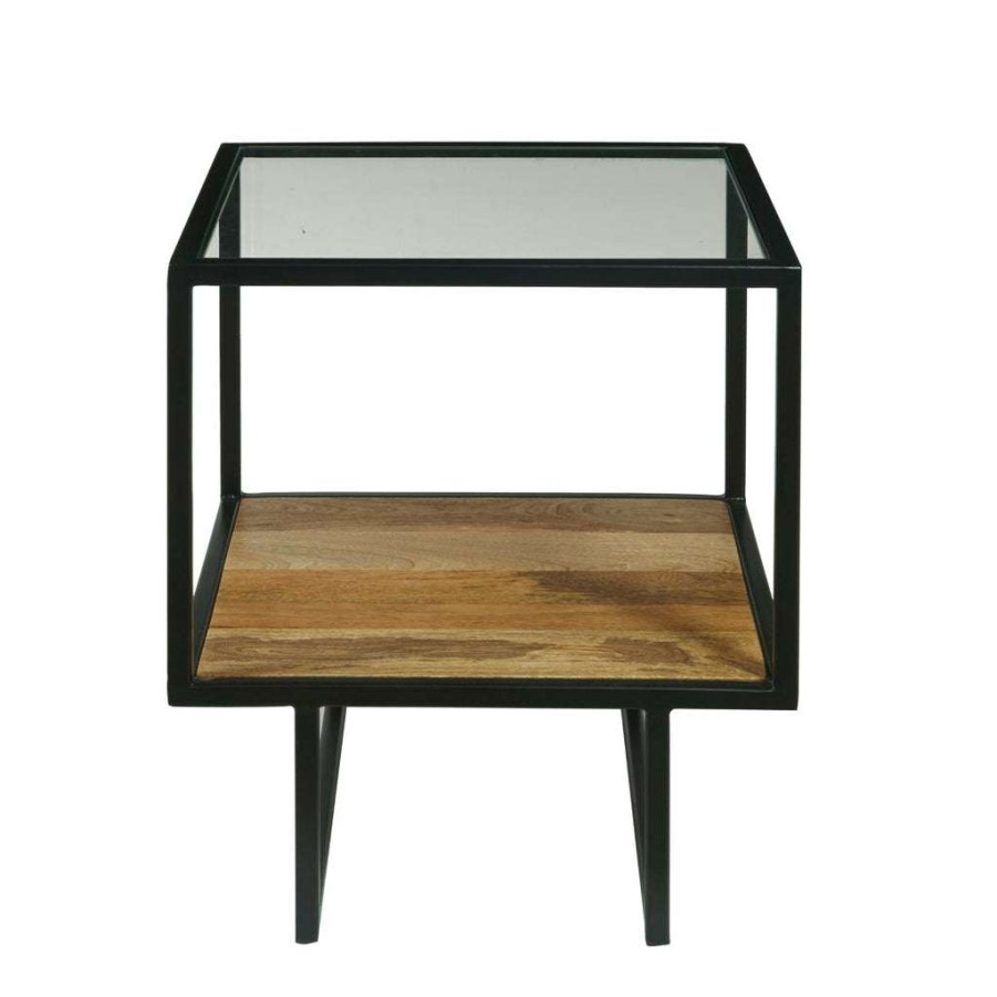 Table * | Discount Accentrics Home Iron End Table With Glass Top And Wooden Shelf