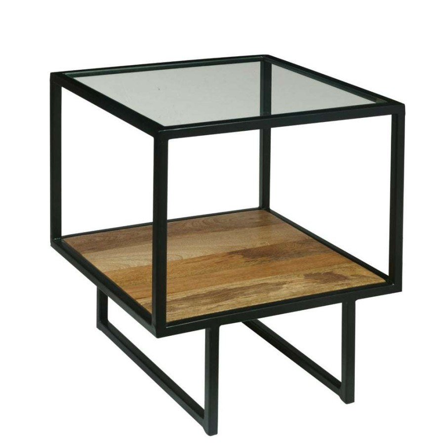 Table * | Discount Accentrics Home Iron End Table With Glass Top And Wooden Shelf