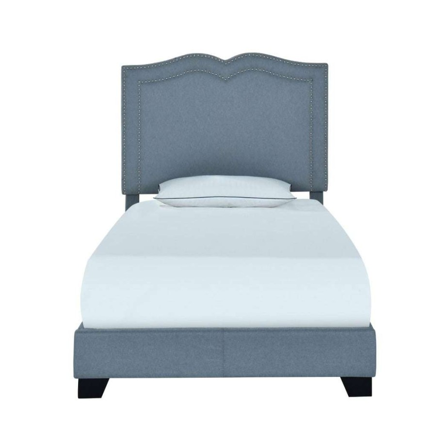 Bed * | Top Sellers Accentrics Home Glam Shaped Double Nailhead Trim Twin Upholstered Bed In Classic Blue