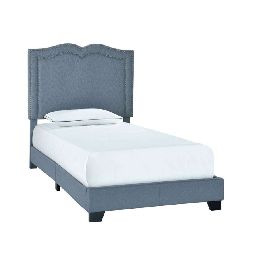 Bed * | Top Sellers Accentrics Home Glam Shaped Double Nailhead Trim Twin Upholstered Bed In Classic Blue