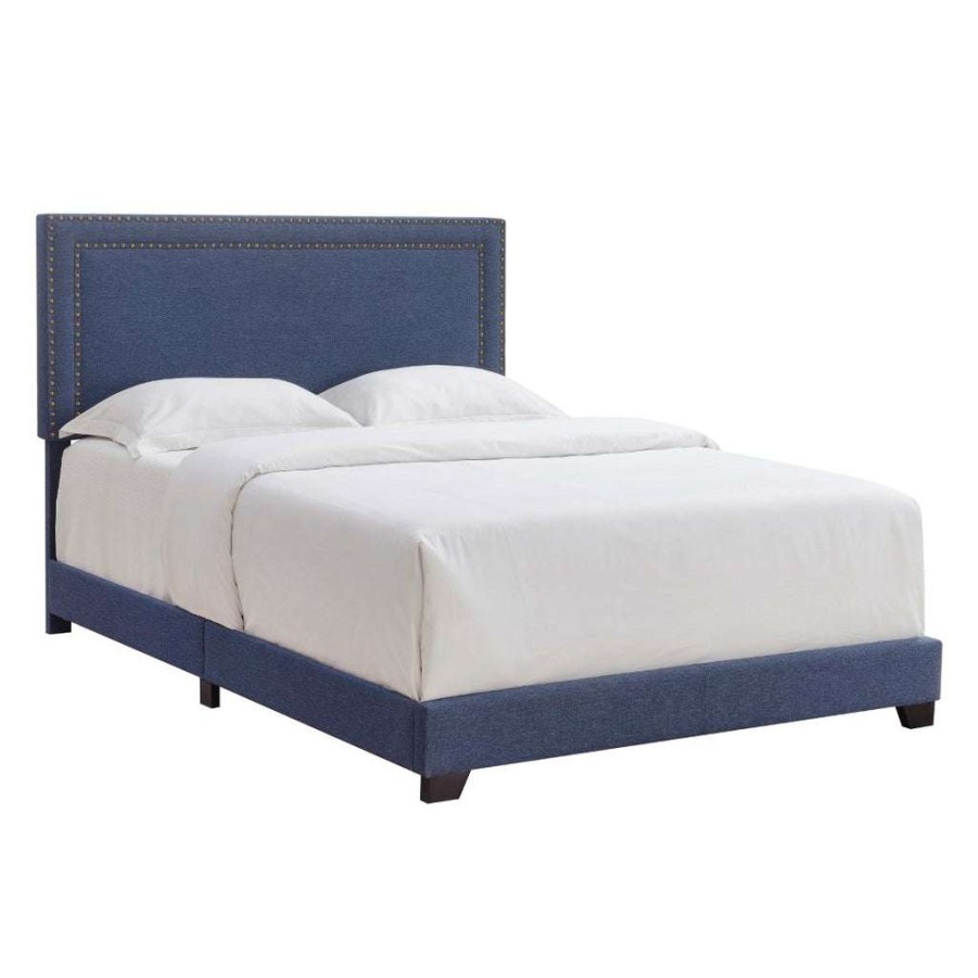 Bed * | Best Sale Accentrics Home Nailhead Trim Upholstered Queen Bed In Heathered Denim Blue