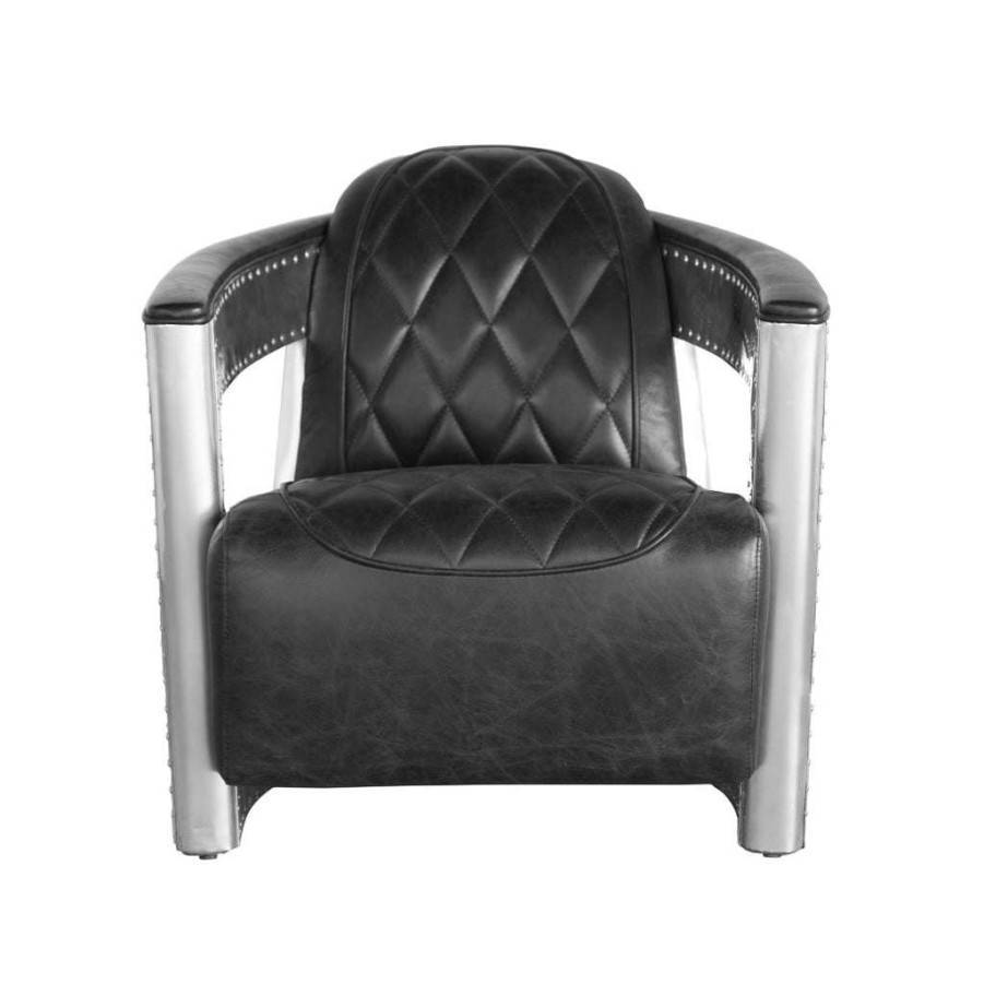 Chair * | High Quality Accentrics Home Riveted Leather Aviation Arm Chair In Charcoal Black