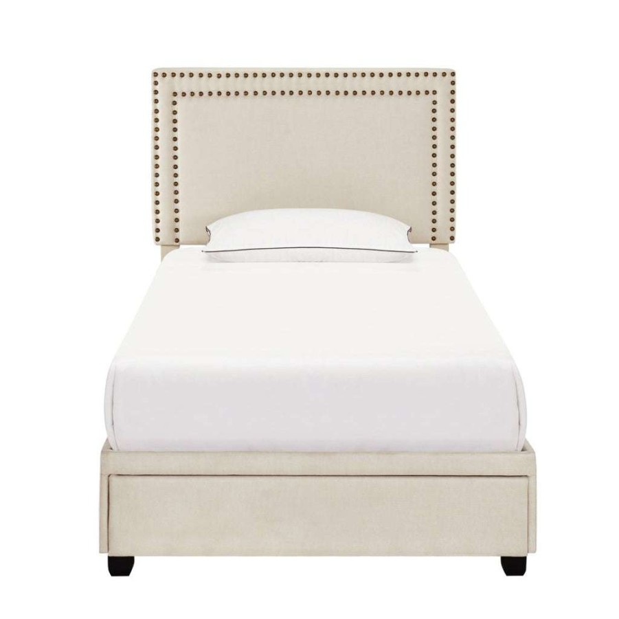 Bed * | Discount Accentrics Home Twin Nail Trim Storage Bed In Linen